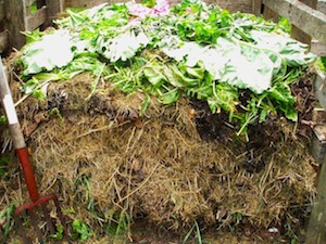 Compost added in layers to compost pile