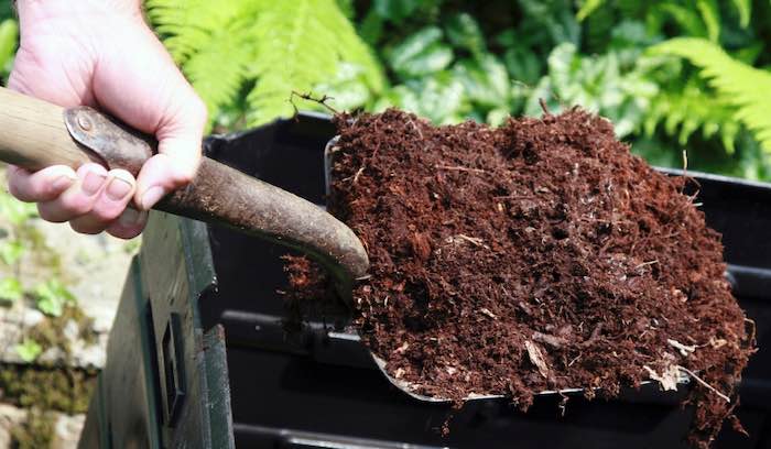 a spadeful of compost with bark