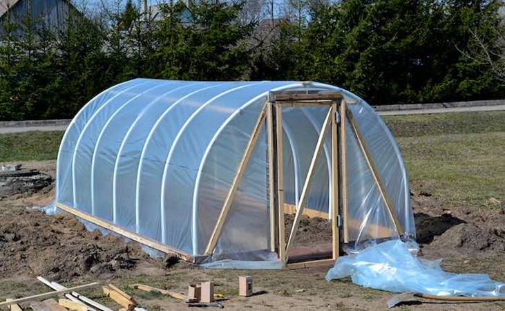 a newly erected polytunnel in an outdoor area