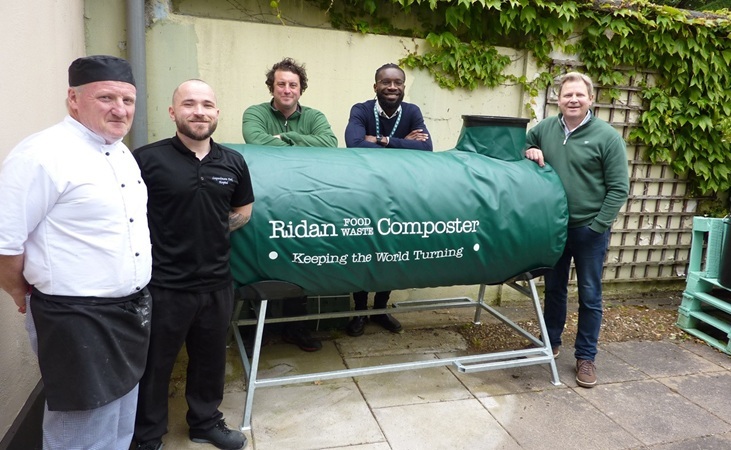 Ridan composter with hospitality staff and Niall from Quickcrop