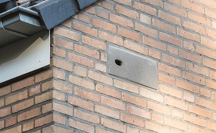 A swift brick with appropriately sized entrance hole integrated into a building facade