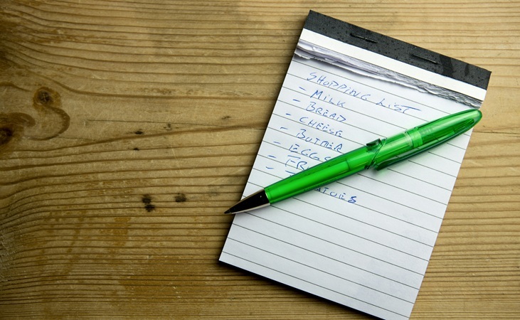 Shopping list with food items