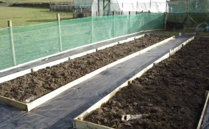 Green windbreak netting set up alongside a raised bed